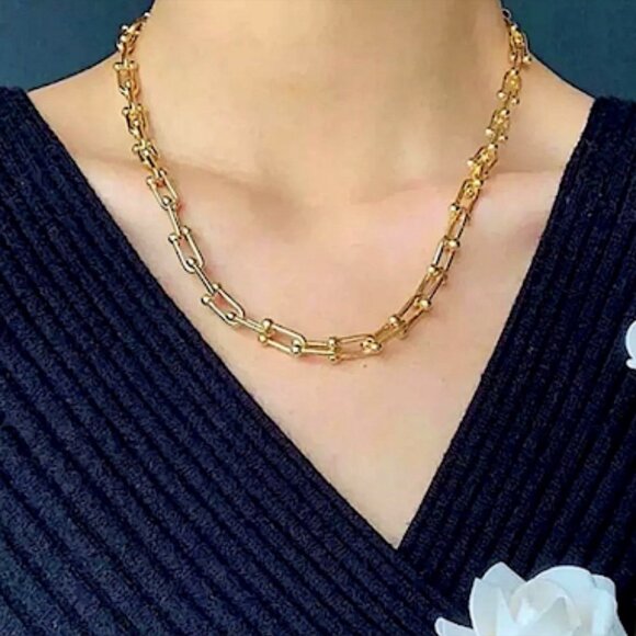 18K GOLD PLATED U SHAPED NECKLACE BRACELET EARRING RING SET - Picture 2 of 10